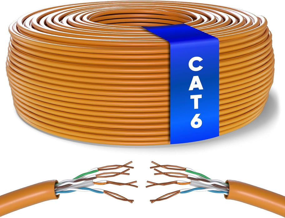 Mr. Tronic Cat 6 U/UTP bulk Ethernet cable on a reel, orange jacket, 100 m