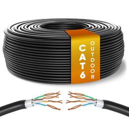 Mr. Tronic Cat 6 outdoor-grade bulk Ethernet cable on a reel, black