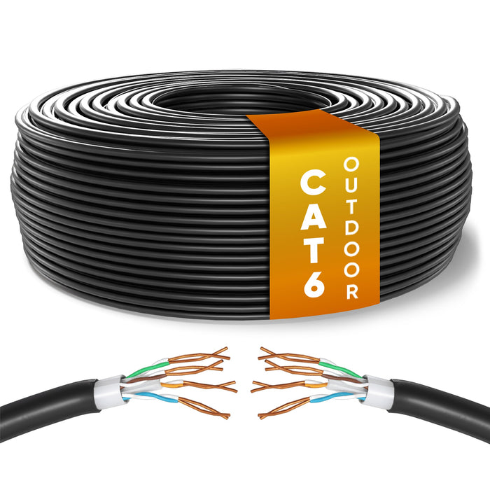Mr. Tronic Cat 6 outdoor-grade bulk Ethernet cable on a reel, black
