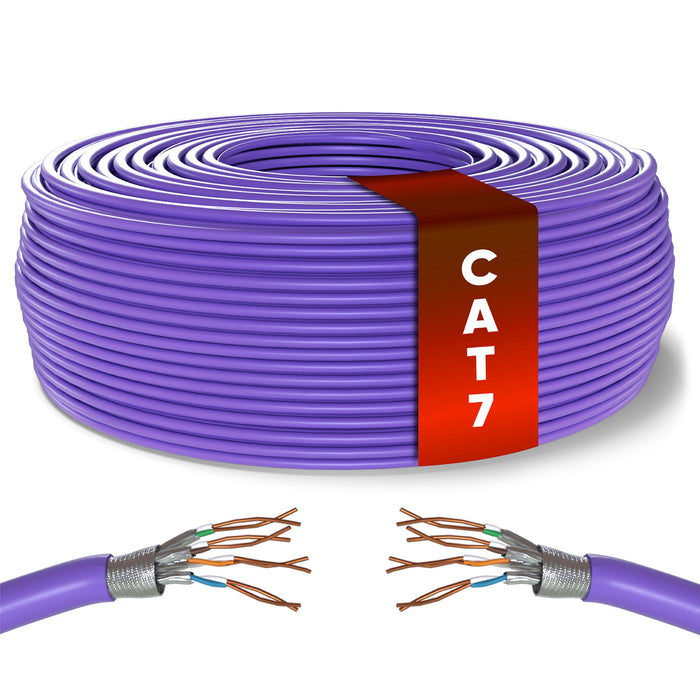 Mr. Tronic Cat 7 S/FTP bulk Ethernet cable on a reel, purple