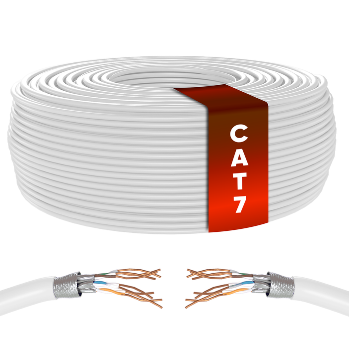 Mr. Tronic Cat 7 S/FTP bulk Ethernet cable on a reel, white jacket